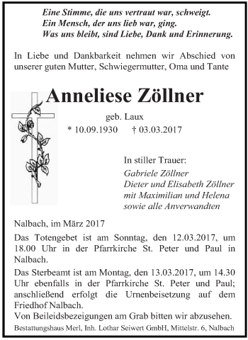 Traueranzeige von Anneliese Zöllner von saarbruecker_zeitung