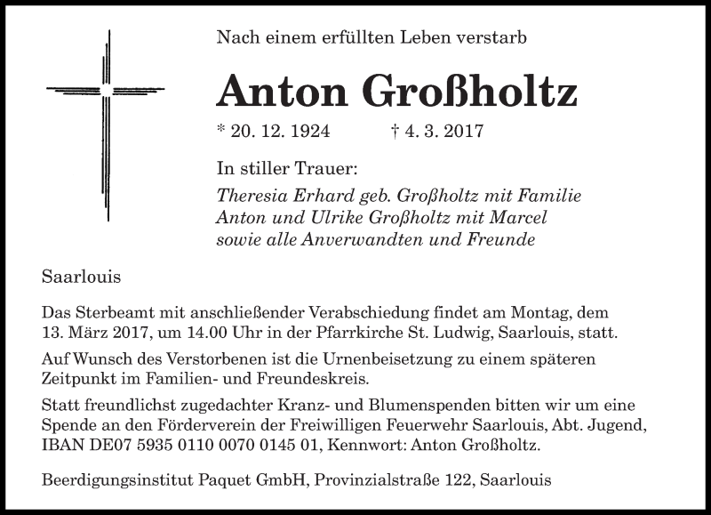  Traueranzeige für Anton Großholtz vom 11.03.2017 aus saarbruecker_zeitung