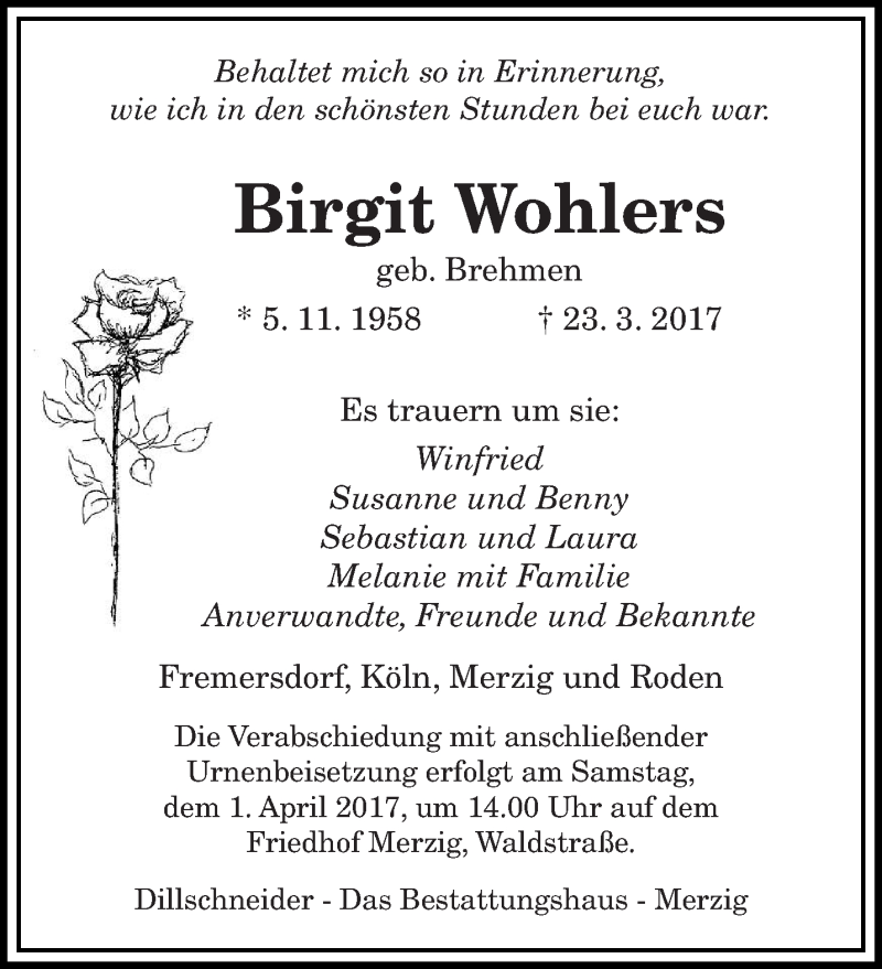  Traueranzeige für Birgit Wohlers vom 28.03.2017 aus saarbruecker_zeitung