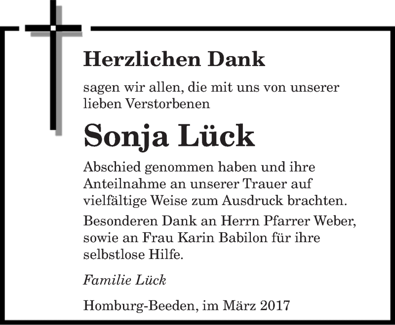  Traueranzeige für Sonja Lück vom 17.03.2017 aus saarbruecker_zeitung