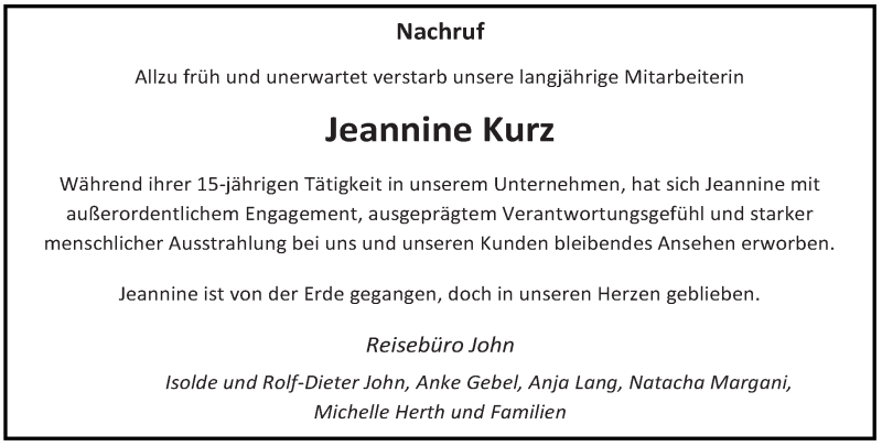  Traueranzeige für Jeannine Kurz vom 28.03.2017 aus saarbruecker_zeitung