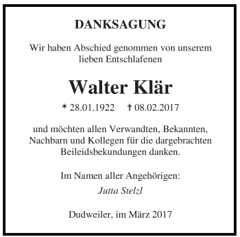 Traueranzeige von Walter Klär von saarbruecker_zeitung
