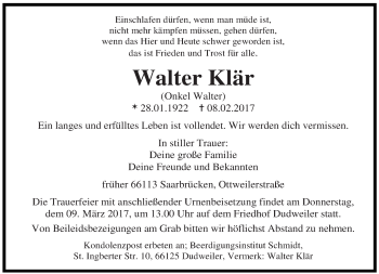 Traueranzeige von Walter Klär von saarbruecker_zeitung