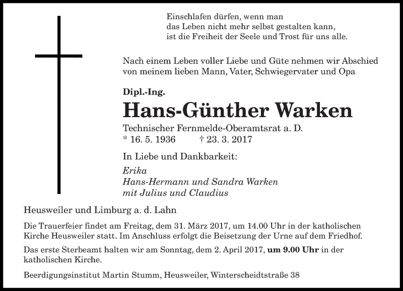  Traueranzeige für Hans-Günther Warken vom 30.03.2017 aus saarbruecker_zeitung