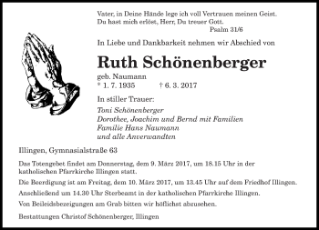 Traueranzeige von Ruth Schönenberger von saarbruecker_zeitung