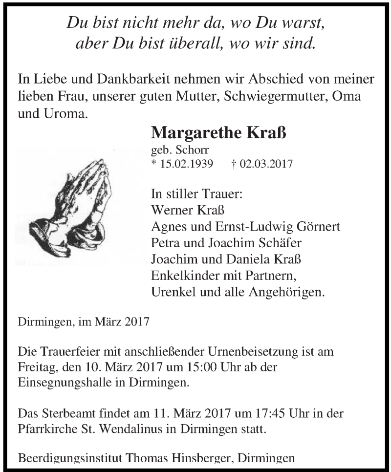  Traueranzeige für Margarethe Kraß vom 08.03.2017 aus saarbruecker_zeitung