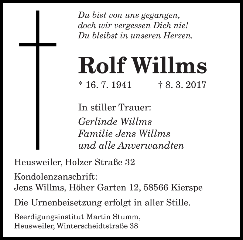  Traueranzeige für Rolf Willms vom 23.03.2017 aus saarbruecker_zeitung