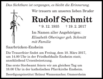 Traueranzeige von Rudolf Schmitt von saarbruecker_zeitung