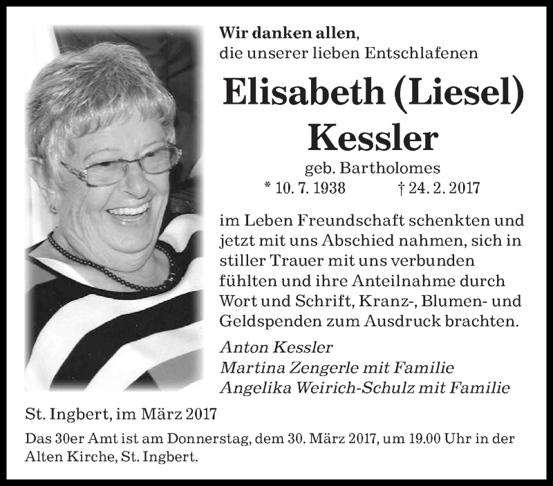  Traueranzeige für Elisabeth Kessler vom 24.03.2017 aus saarbruecker_zeitung