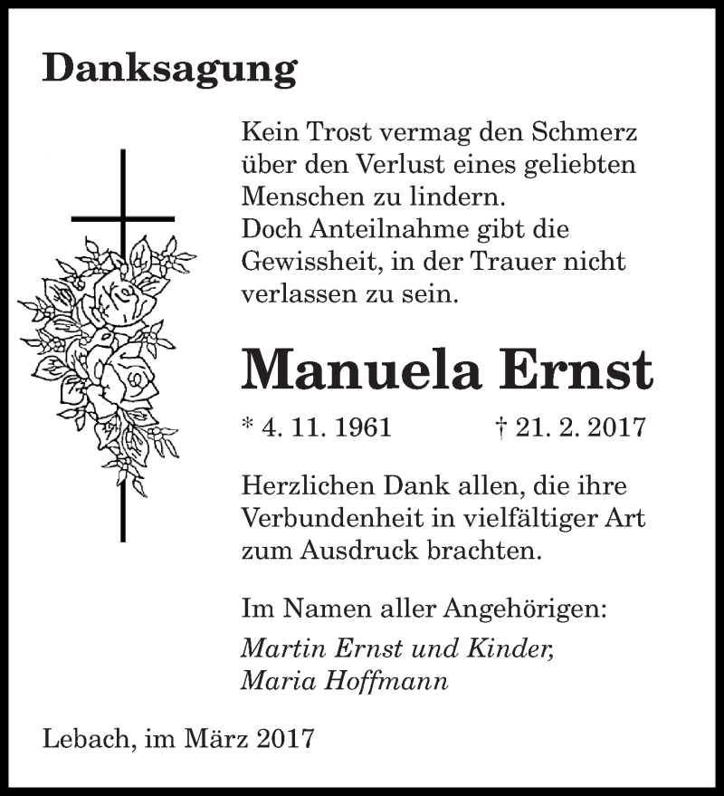  Traueranzeige für Manuela Ernst vom 11.03.2017 aus saarbruecker_zeitung