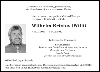Traueranzeige von Wilhelm Brixius von saarbruecker_zeitung
