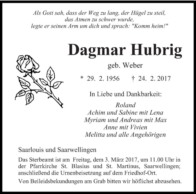  Traueranzeige für Dagmar Hubrig vom 01.03.2017 aus saarbruecker_zeitung