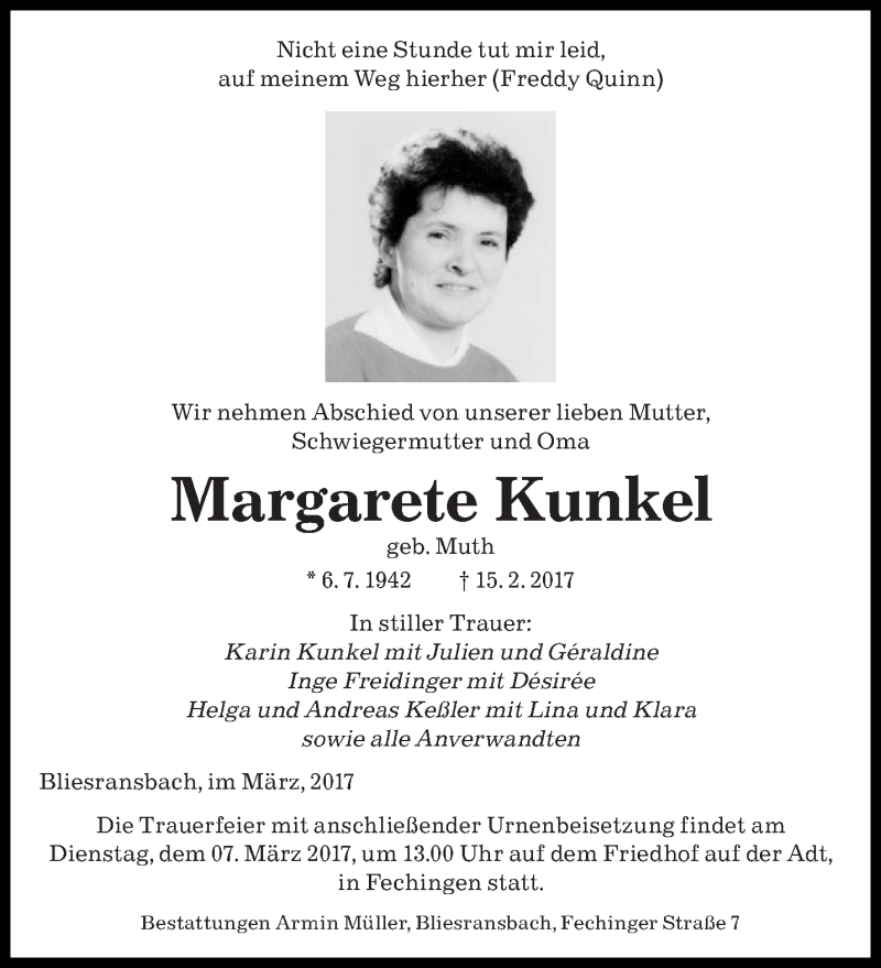  Traueranzeige für Margarete Kunkel vom 04.03.2017 aus saarbruecker_zeitung