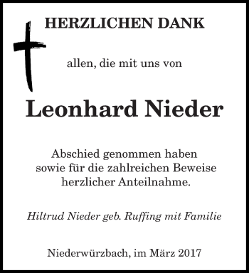 Traueranzeige von Leonhard Nieder von saarbruecker_zeitung