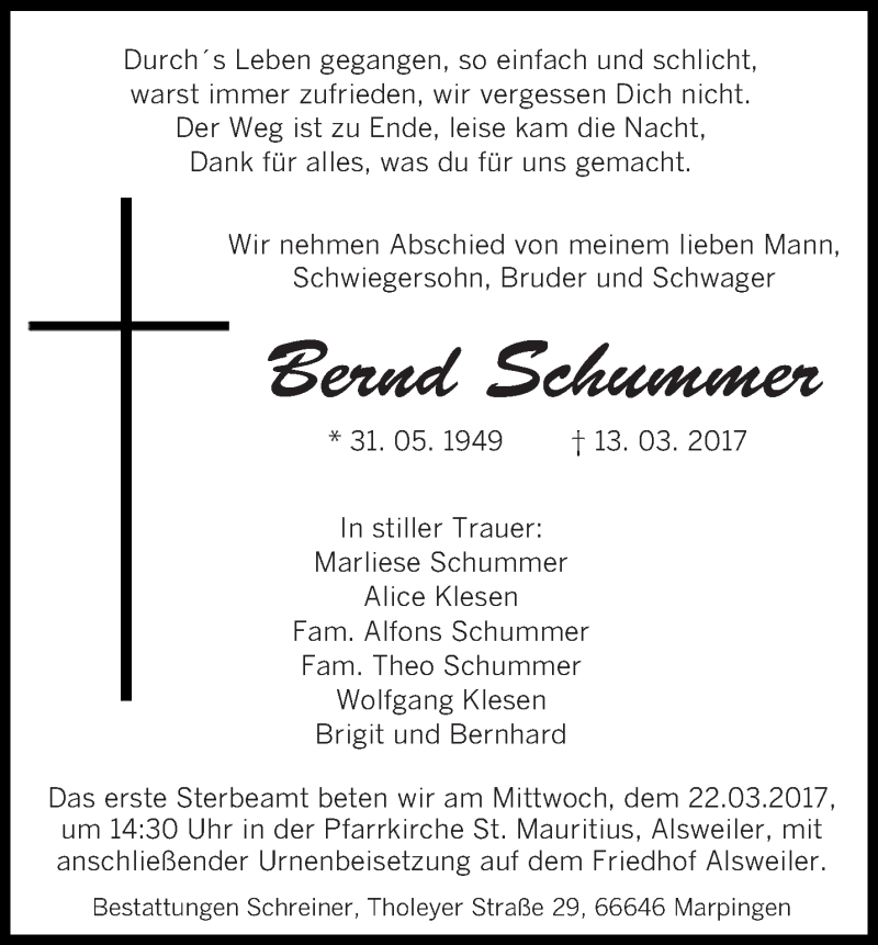  Traueranzeige für Bernd Schummer vom 20.03.2017 aus saarbruecker_zeitung