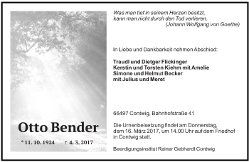 Traueranzeige von Otto Bender von saarbruecker_zeitung