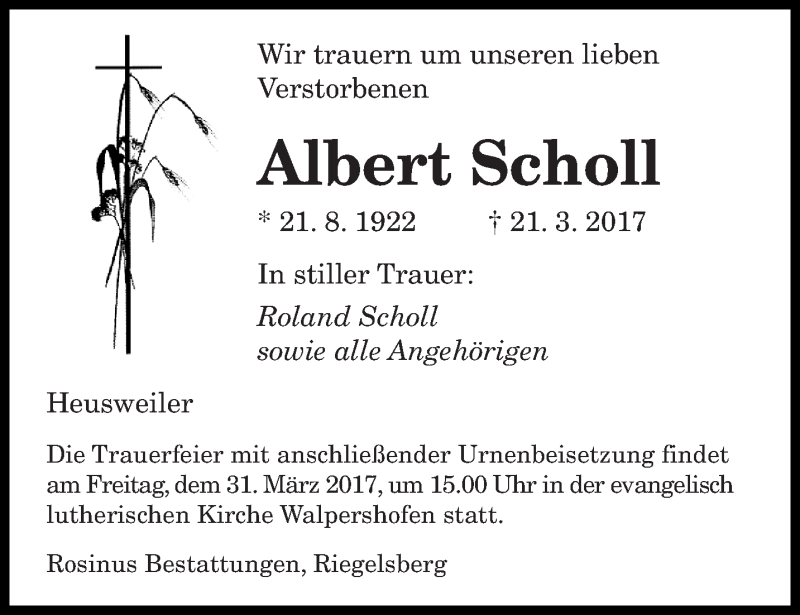  Traueranzeige für Albert Scholl vom 27.03.2017 aus saarbruecker_zeitung
