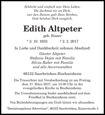 Traueranzeige von Edith Altpeter von saarbruecker_zeitung