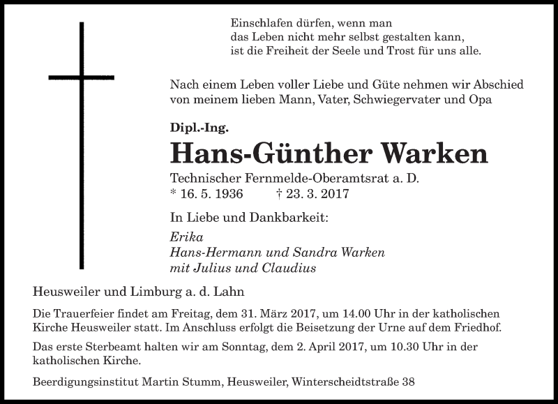  Traueranzeige für Hans-Günther Warken vom 29.03.2017 aus saarbruecker_zeitung