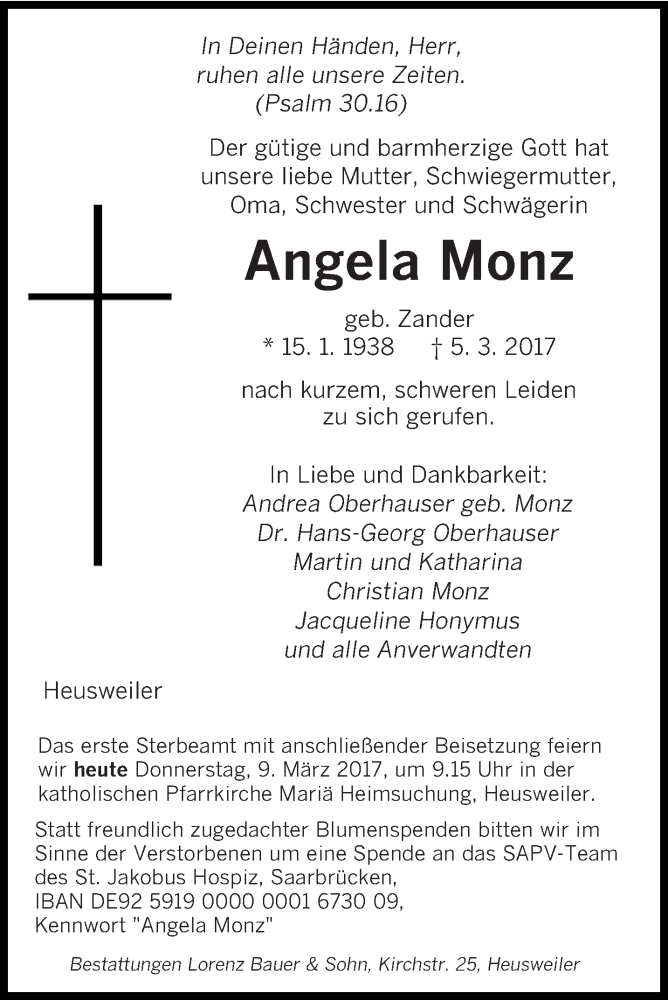  Traueranzeige für Angela Monz vom 09.03.2017 aus saarbruecker_zeitung