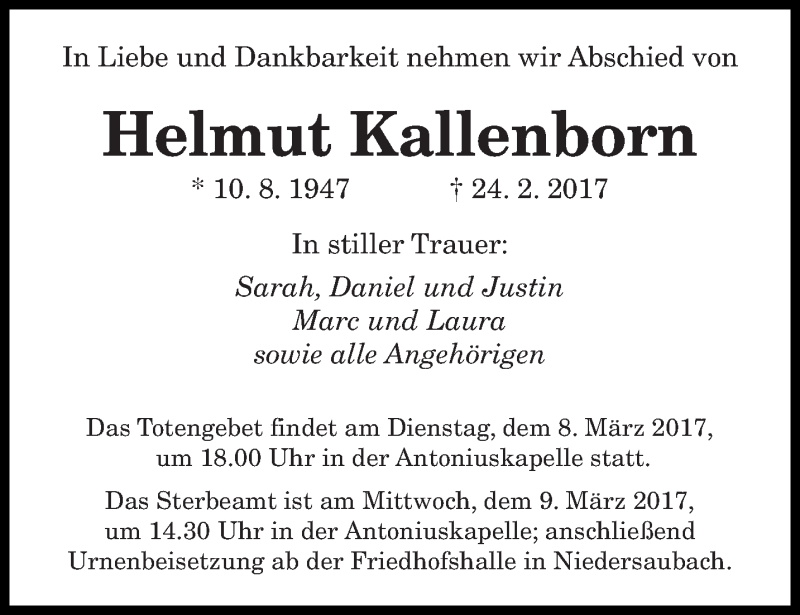  Traueranzeige für Helmut Kallenborn vom 06.03.2017 aus saarbruecker_zeitung