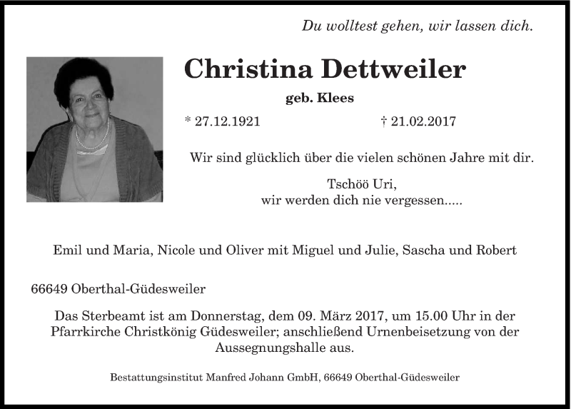  Traueranzeige für Christina Dettweiler vom 07.03.2017 aus saarbruecker_zeitung