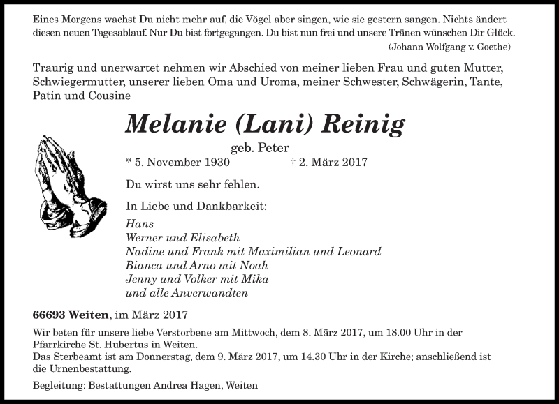  Traueranzeige für Melanie Reinig vom 06.03.2017 aus saarbruecker_zeitung