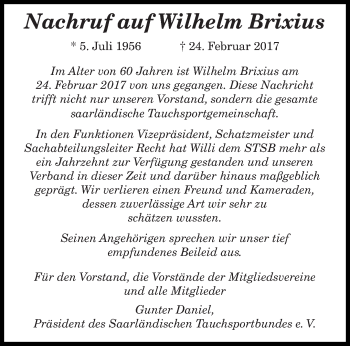 Traueranzeige von Wilhelm Brixius von saarbruecker_zeitung