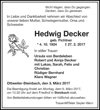 Traueranzeige von Hedwig Decker von saarbruecker_zeitung
