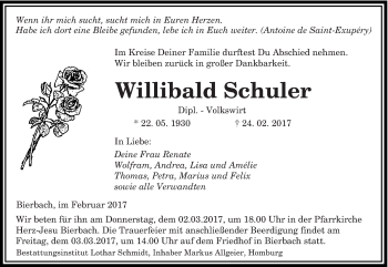 Traueranzeige von Willibald Schuler von saarbruecker_zeitung
