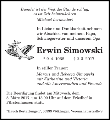 Traueranzeige von Erwin Simowski von saarbruecker_zeitung