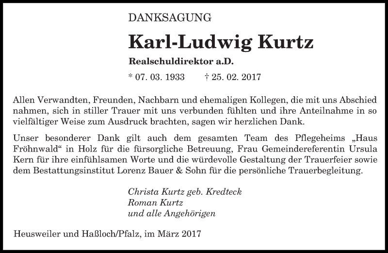  Traueranzeige für Karl-Ludwig Kurtz vom 25.03.2017 aus saarbruecker_zeitung