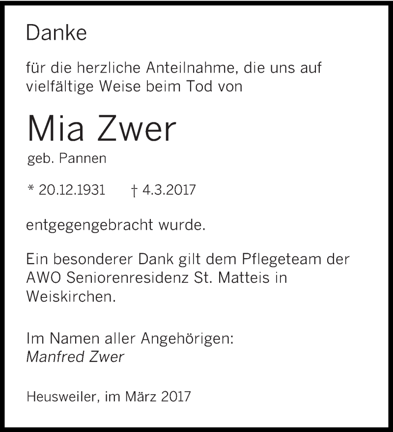  Traueranzeige für Mia Zwer vom 25.03.2017 aus saarbruecker_zeitung