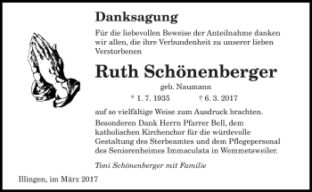 Traueranzeige von Ruth Schönenberger von saarbruecker_zeitung