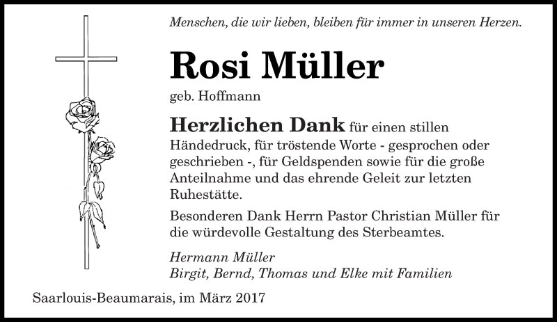  Traueranzeige für Rosi Müller vom 11.03.2017 aus saarbruecker_zeitung