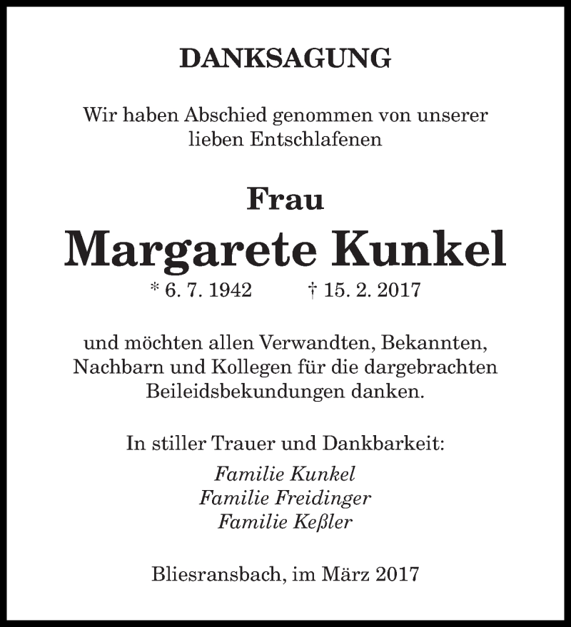  Traueranzeige für Margarete Kunkel vom 11.03.2017 aus saarbruecker_zeitung