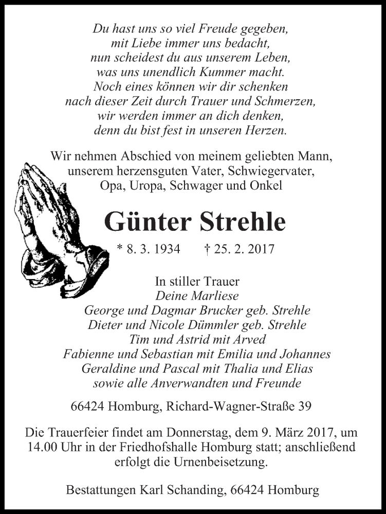  Traueranzeige für Günter Strehle vom 04.03.2017 aus saarbruecker_zeitung
