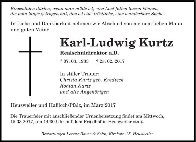  Traueranzeige für Karl-Ludwig Kurtz vom 11.03.2017 aus saarbruecker_zeitung