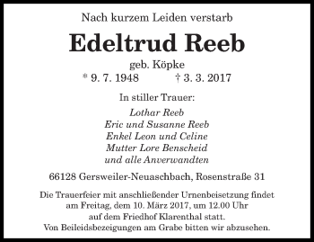 Traueranzeige von Edeltrud Reeb von saarbruecker_zeitung