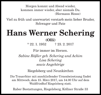 Traueranzeige von Hans Werner Schering von saarbruecker_zeitung