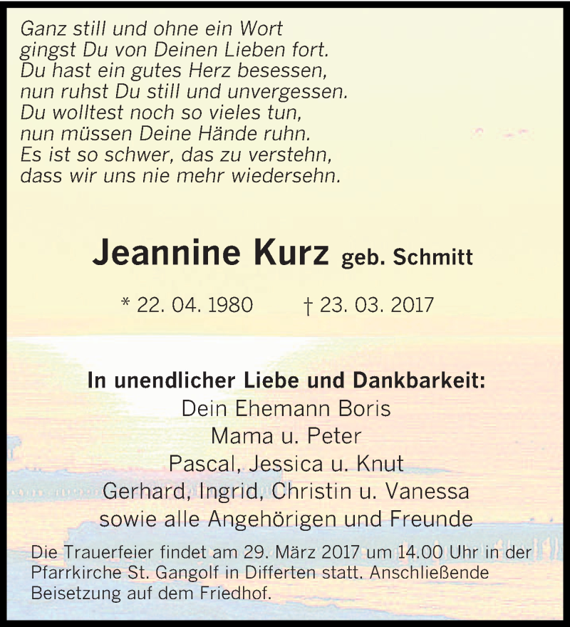 Traueranzeige für Jeannine Kurz vom 27.03.2017 aus saarbruecker_zeitung