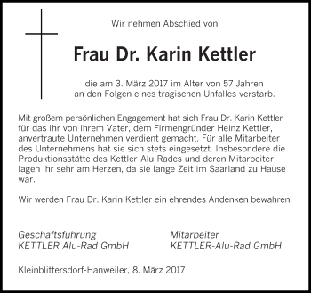 Traueranzeige von Karin Kettler von saarbruecker_zeitung