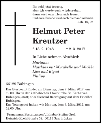 Traueranzeige von Helmut Peter Kreutzer von saarbruecker_zeitung