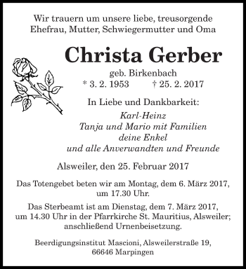 Traueranzeige von Christa Gerber von saarbruecker_zeitung
