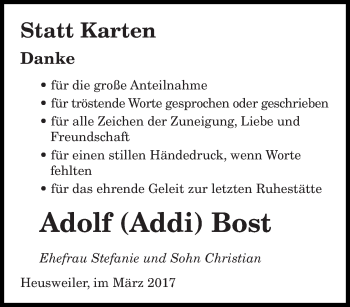 Traueranzeige von Adolf Bost von saarbruecker_zeitung