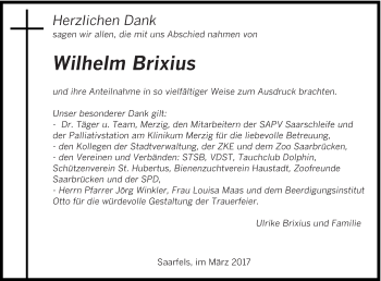 Traueranzeige von Wilhelm Brixius von saarbruecker_zeitung