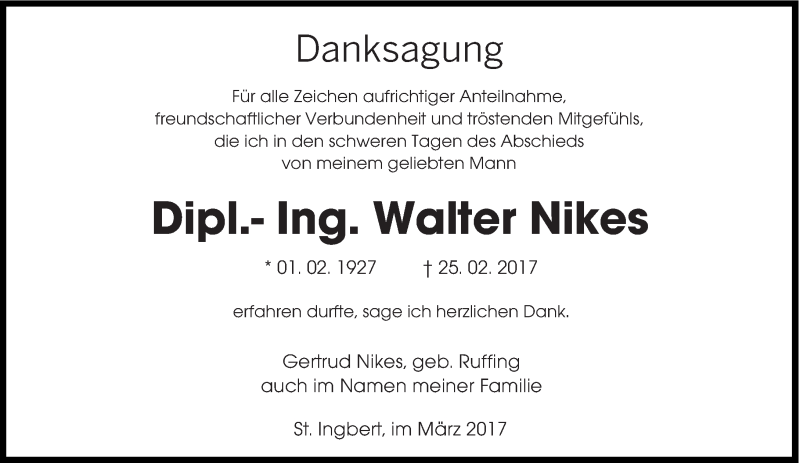  Traueranzeige für Walter Nikes vom 25.03.2017 aus saarbruecker_zeitung