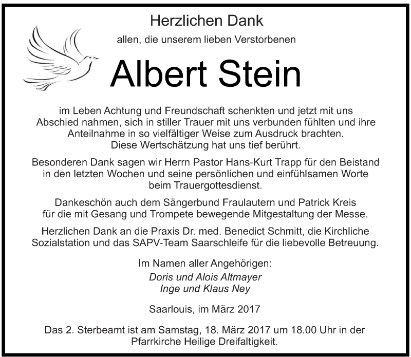  Traueranzeige für Albert Stein vom 11.03.2017 aus saarbruecker_zeitung
