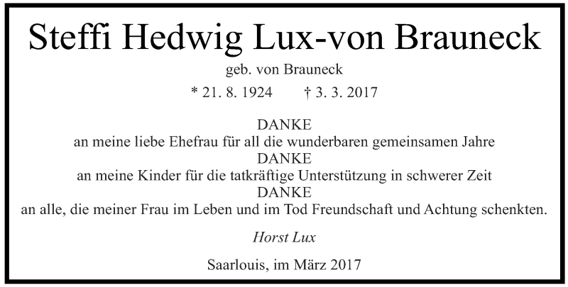  Traueranzeige für Steffi Hedwig Lux-von Brauneck vom 25.03.2017 aus saarbruecker_zeitung