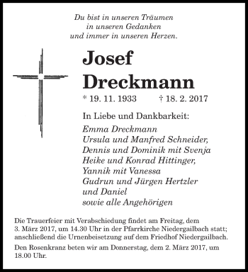 Traueranzeige von Josef Dreckmann von saarbruecker_zeitung